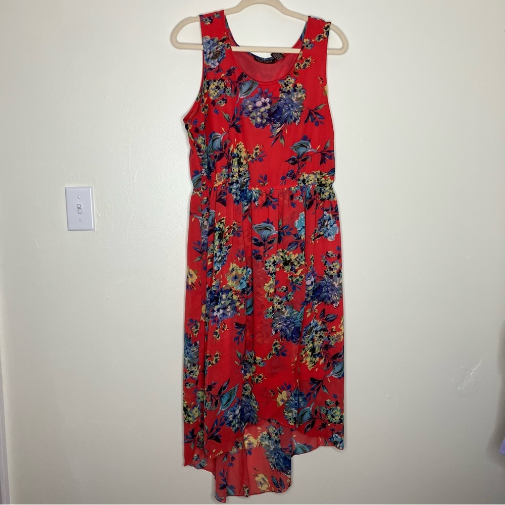 Speed Control red tropical print sleeveless high low dress 1X